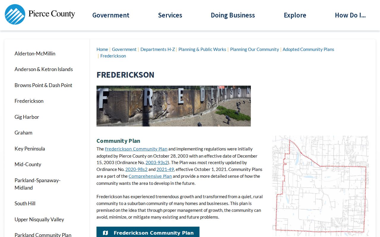 Pierce County Frederickson community plan page used to compare plan and ZIP code boundaries