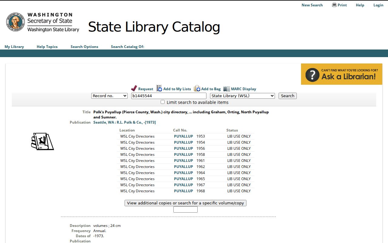 Frederickson city directory catalog entry for the regional Polk Puyallup collection