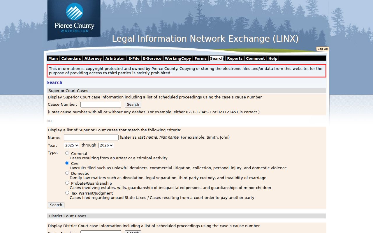 Frederickson resident lookup through Pierce County LINX court search